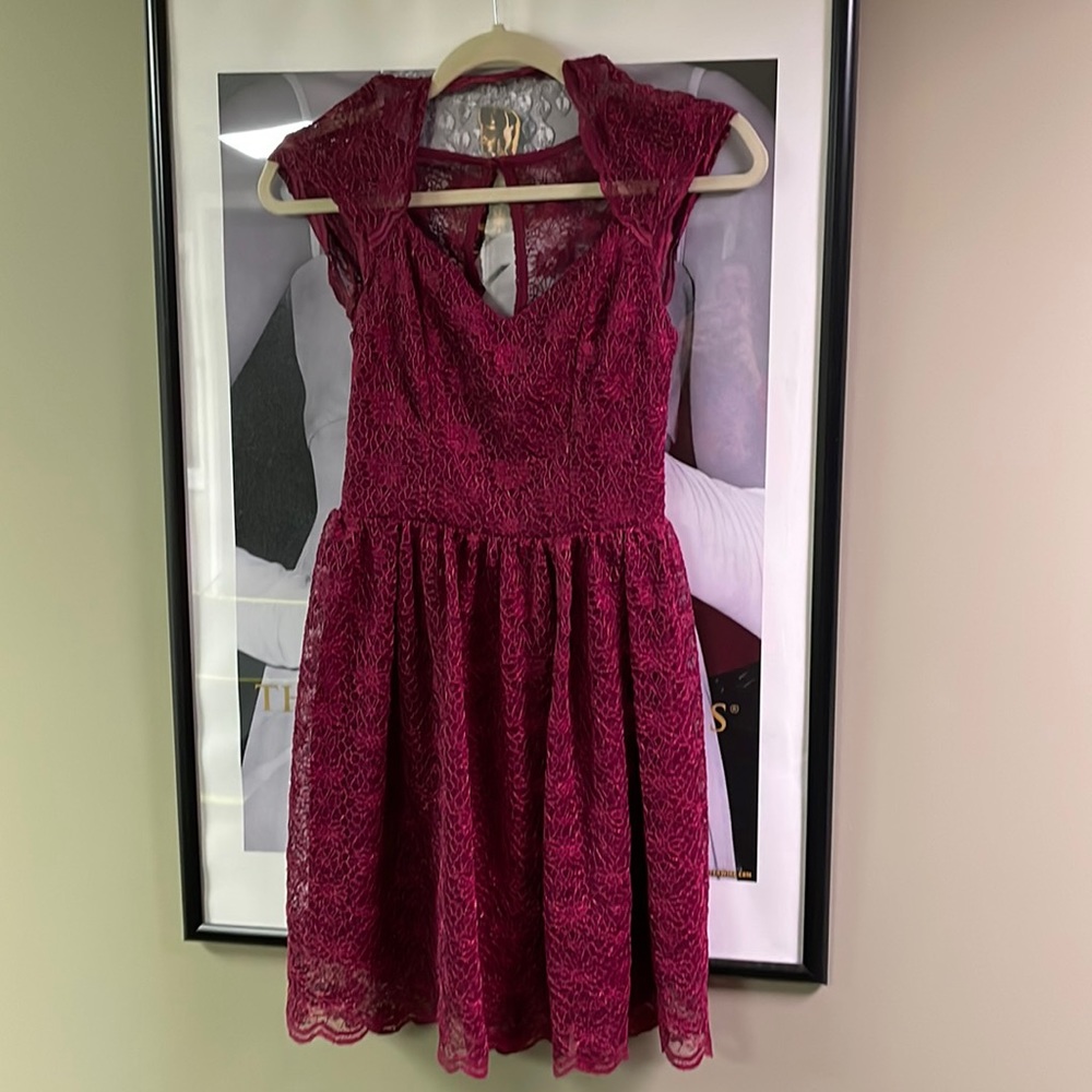 Maroon lace dress.  XS. Beautiful cap